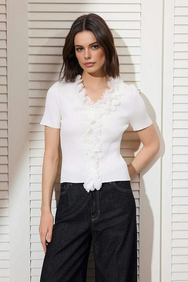 WOVCOR Tulle Flower V-Neck Detail Knitted Blouse