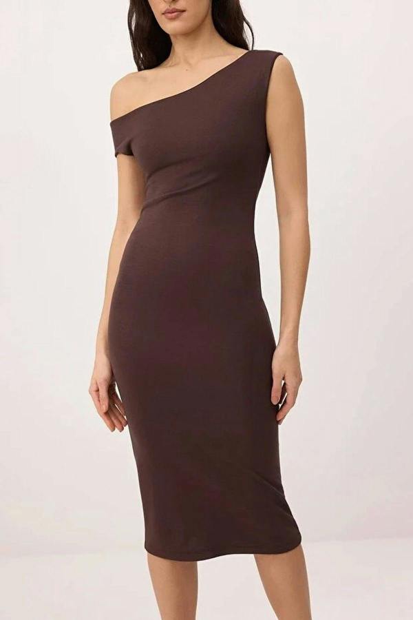WOVCOR Bodycon Asymmetrical Neck Dropped Sleeve  Midi Knitted Dress