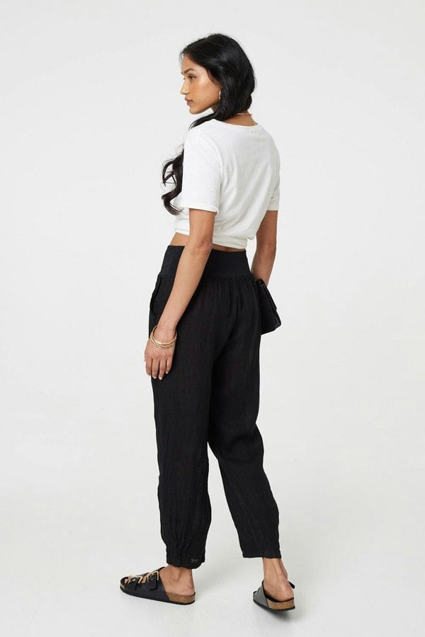 Black | Relaxed Linen Blend Tapered Trousers