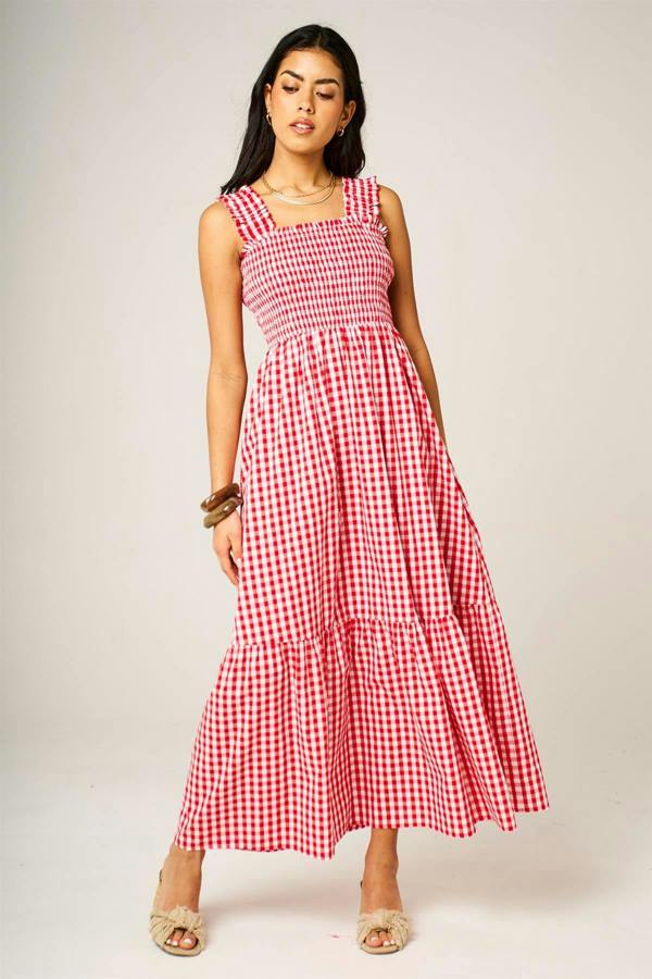 FS Collection Check Print Hem Detail Maxi Dress In Red