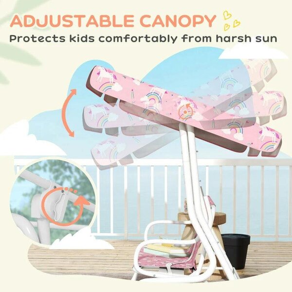 Kids Porch Swing, 2-Seater Patio Swing Bench Hammock with Seat Belts, Adjustable Canopy for Garden, Pink