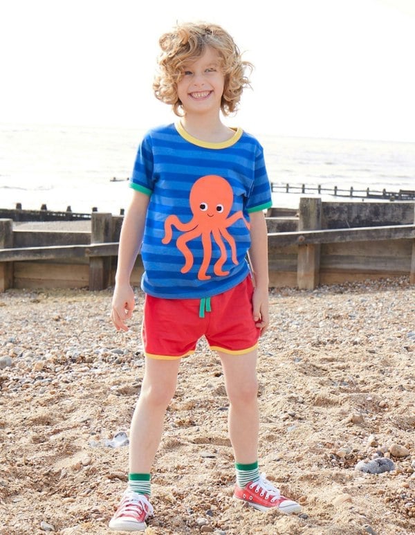 Organic Octopus Applique Dark Blue Striped T-Shirt - Toby Tiger UK Retail
