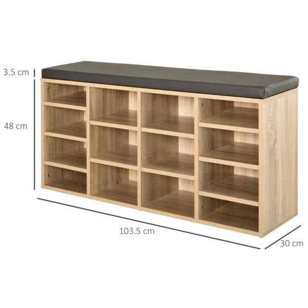 Dyzi 14 Compartment Shoe Storage Bench Removable Shelves Padded Seat Brown