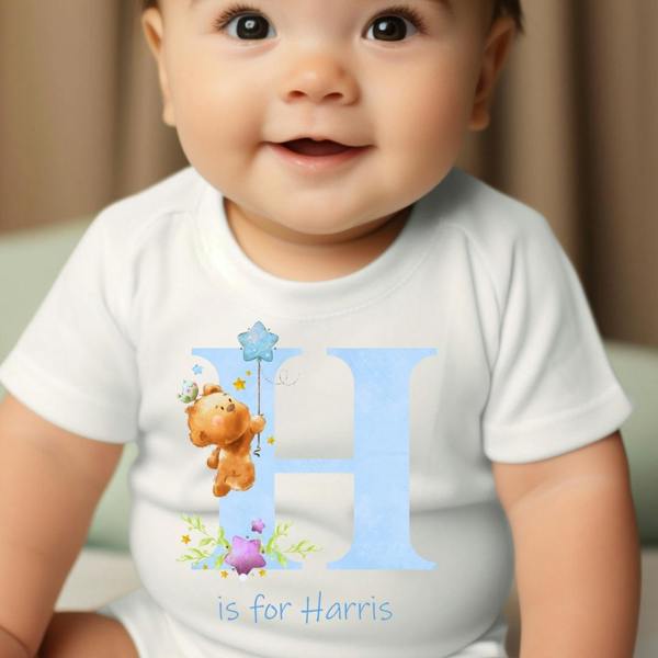 Personalised Blue Initial Teddy Baby Grow, Vest or Bib with Name
