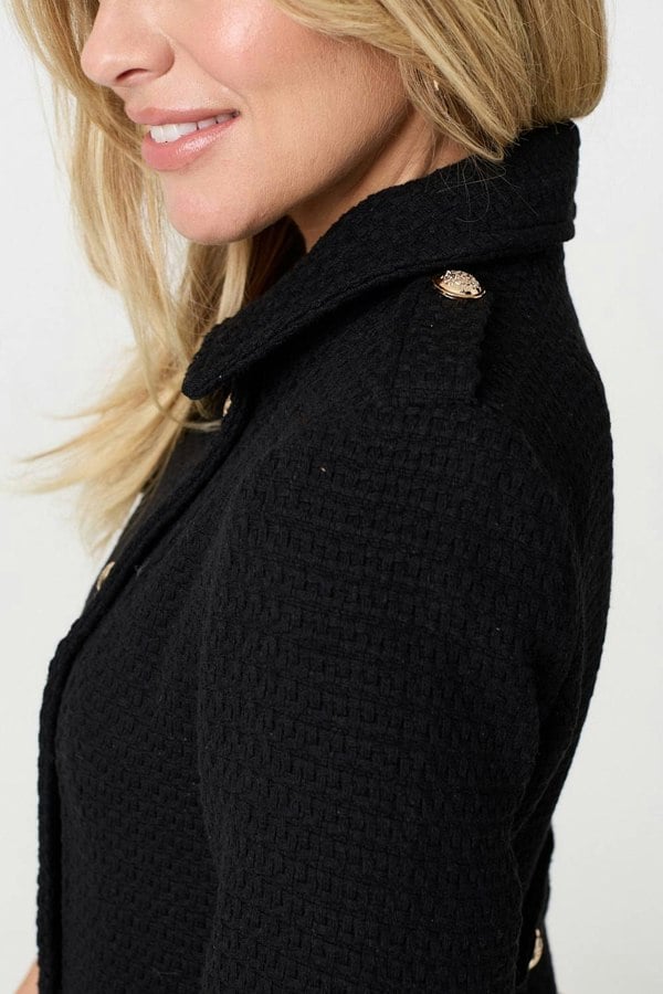 Black | Textured Knit Button Front Trench Coat

