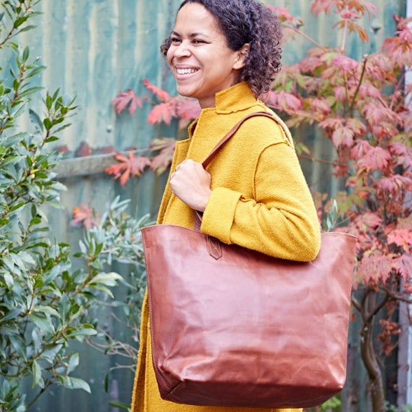 Paper High Brown Leather Tote Shopping Bag