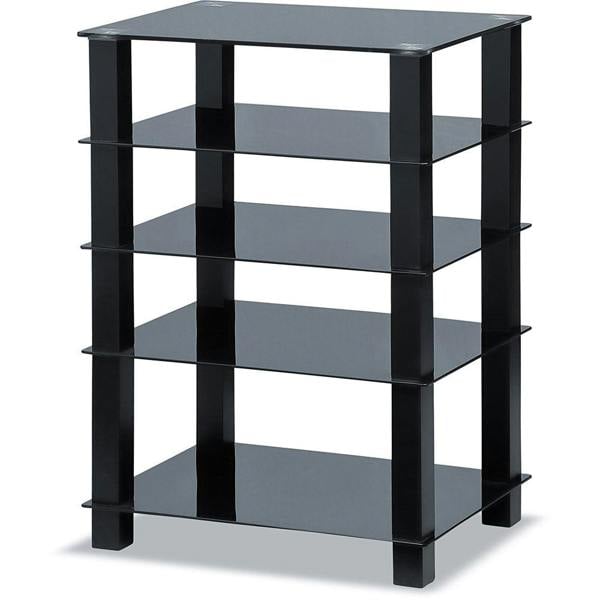 Homeology TRINITY Gloss Black 5 Shelf with Black Legs Flat Screen TV Rack Glass Stand