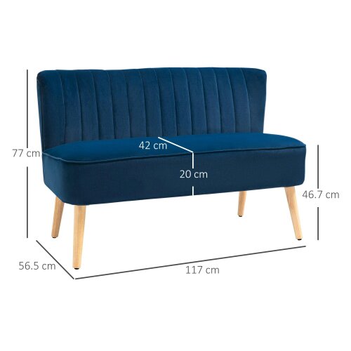 Wyld Haus Haleco Dark Blue Fabric 2 Seater Love Sofa Panel Tufted Back Natural Wooden Legs
