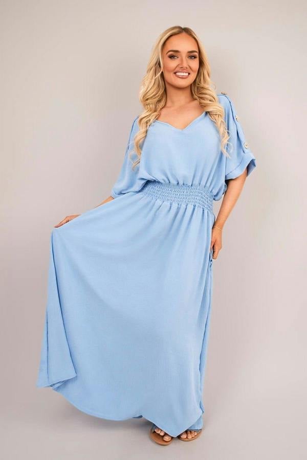 Zamara V Neck Short Sleeve Maxi Dress With Button Detail - Sky Blue