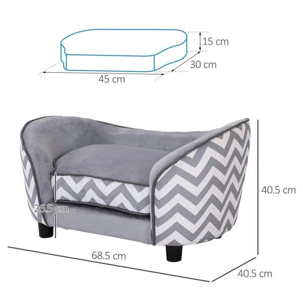 Grey XS dog sofa dimensions view with chevron cushion and padded arms