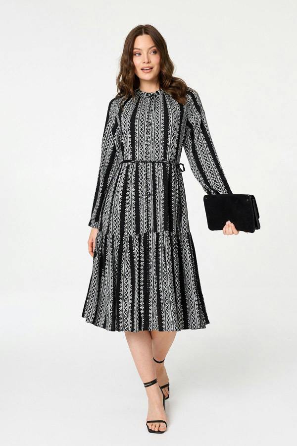 Black | Geo Print Tiered Long Sleeve Midi Dress