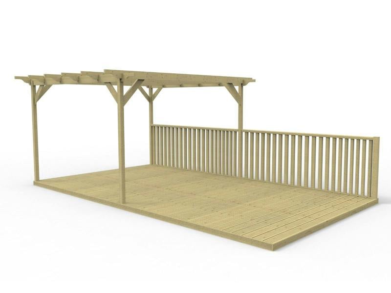 Rectangular pergola and decking kit with balustrade, made from pressure treated timber and high quality pergola posts, featuring a raised wooden deck, vertical slatted balustrade, and an open pergola roof frame.
