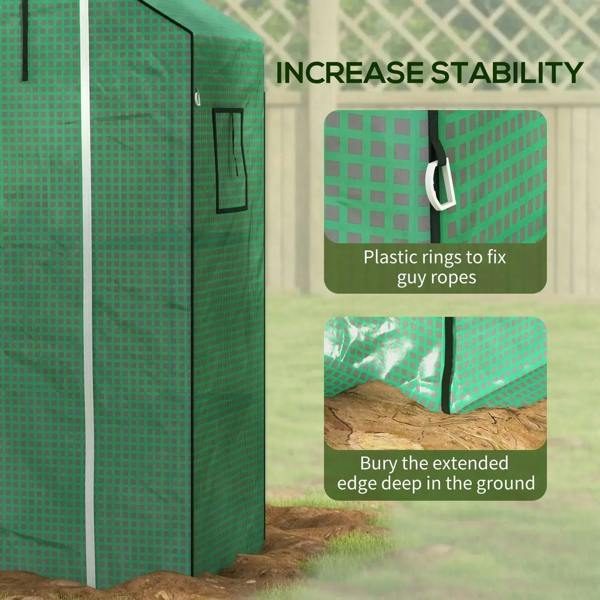 Green greenhouse cover side panel with tie rings and extended ground edge