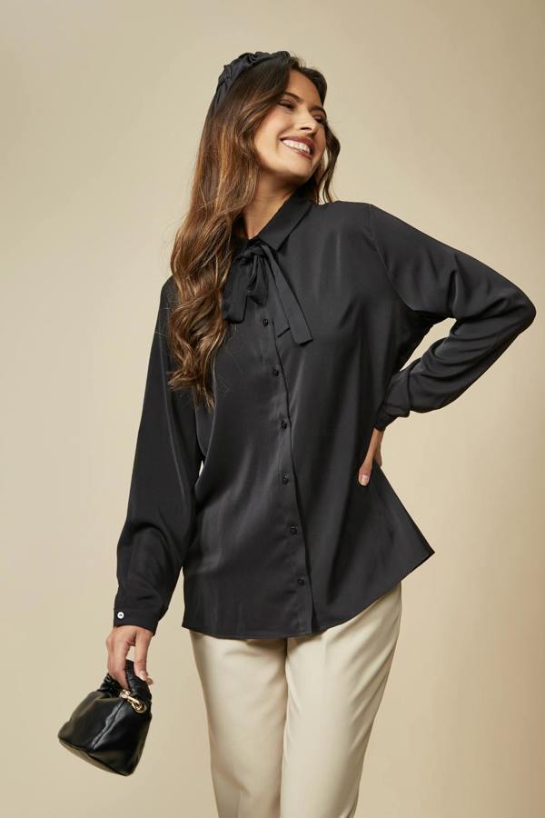 Hoxton Gal Oversized Belt Detailed Long Sleeves Shirt Top in Black