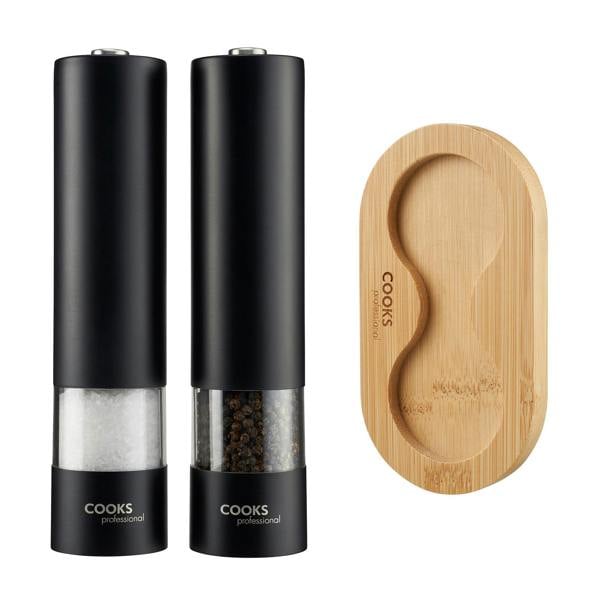 Cooks Professional Electric Salt and Pepper Mill Set with Bamboo Base | Matt Black