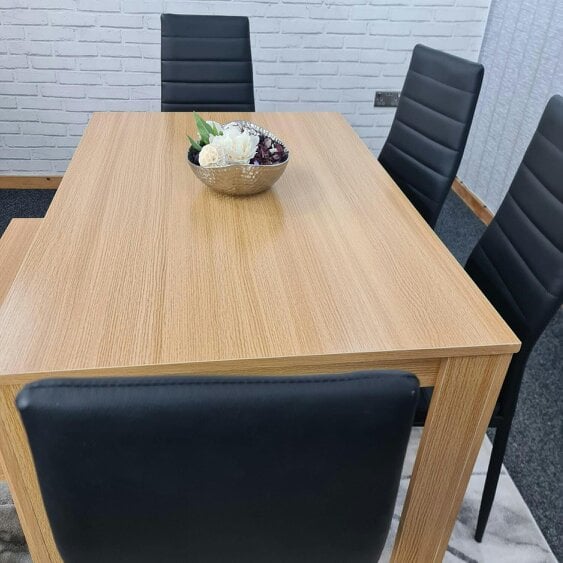 KOSY KOALA 6 Seater Modern Light Wood Effect Dining Table Set with 4 Chairs and Bench Black Metal Legs H75 x L140 x W80 cm