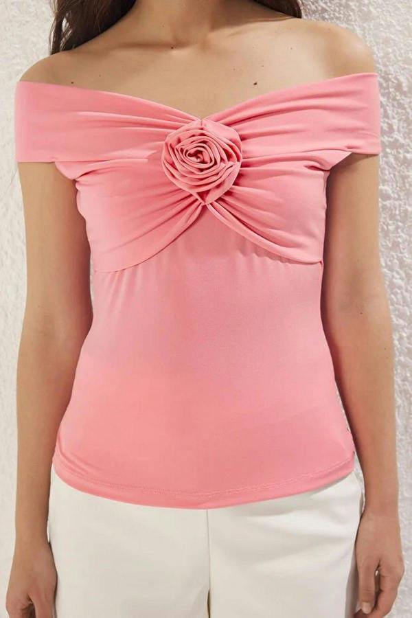 WOVCOR Fitted Stretch Knit Blouse with Rose Detail