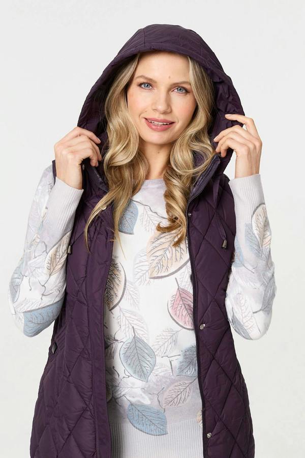 Purple | Hooded Sleeveless Longline Puffer Gilet
