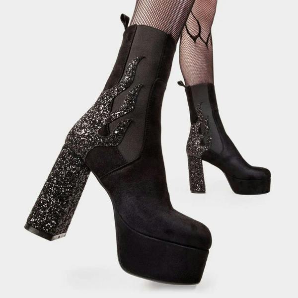 Lamoda Apparent Lies Black Suede Glitter Platform Calf Boots Chunky