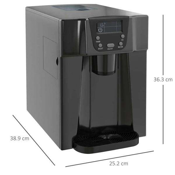 Black ice maker machine shown from front with dispenser chute and ice basket