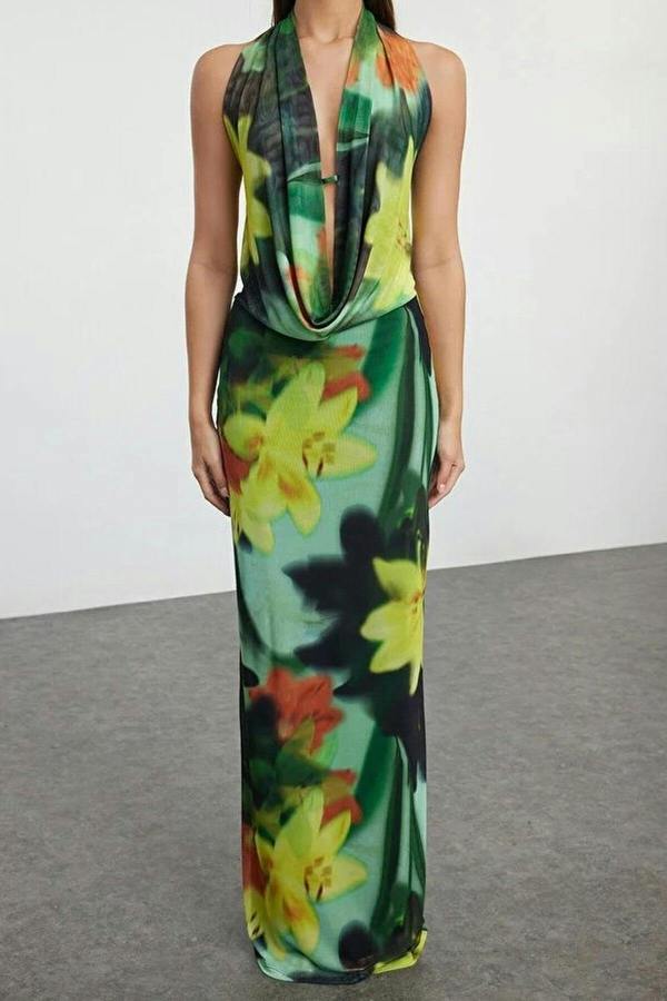 WOVCOR Patterned Knitted Tulle Long Evening Dress