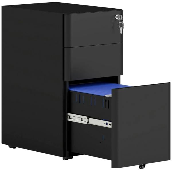 Black 3-drawer steel filing cabinet with lock, open drawer showing blue folders