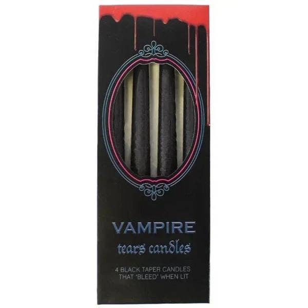 Boxed set of four black taper candles with Vampire Tears graphic