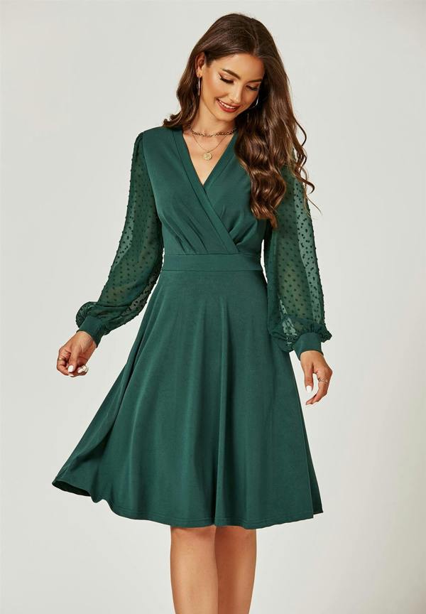 FS Collection Long Chiffon Sleeve Pleated Midi Dress In Dark Green