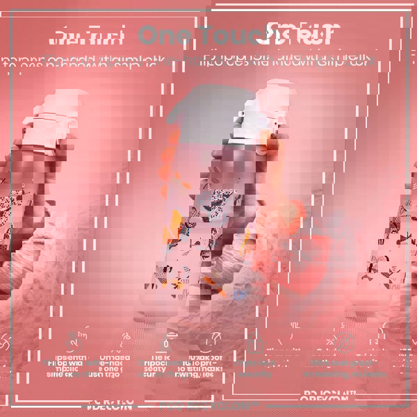 A pink water bottle, adorned with butterfly and dragonfly illustrations, is being held; its flip top opens with one hand. The bottle is shown against a pink background; the text emphasizes ease of use and leak-proof design. POD RECYCLON™ is also visible.