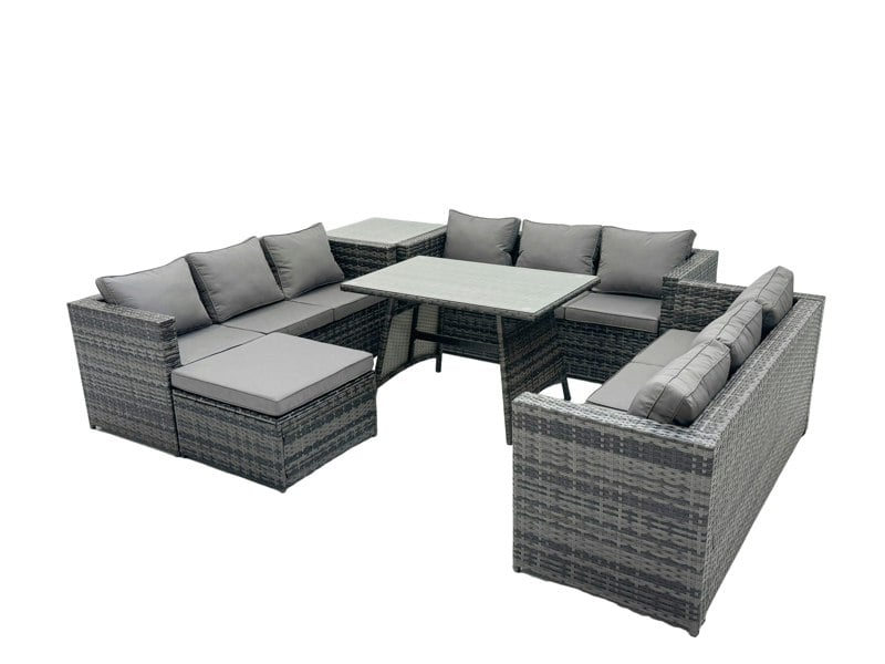 Fimous Outdoor Rattan Garden Furniture Lounge Sofa Set With Oblong Dining Table Side Coffee Table And Big Footstool