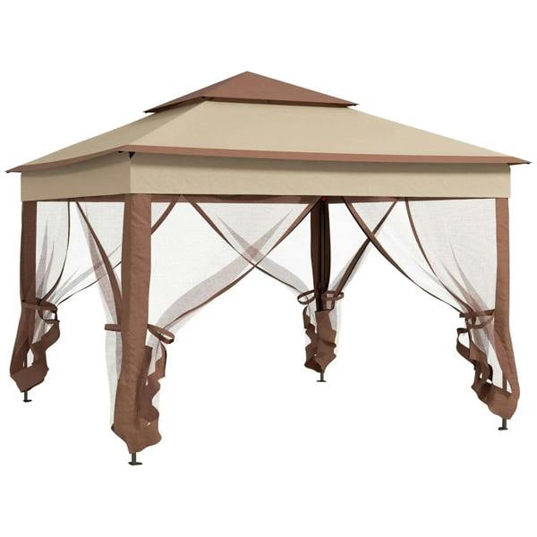 Khaki double-roof pop-up gazebo with mesh side curtains and open front