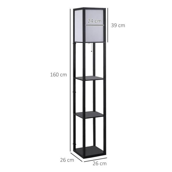 Black standing corner lamp with three shelves and top light panel, 39 cm