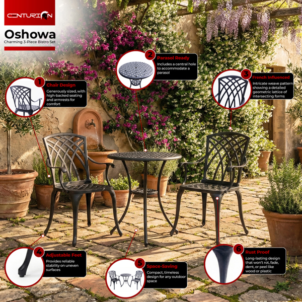 Centurion Supports OSHOWA Luxurious Garden and Patio Table and 2 Large Chairs with Armrests Cast Aluminium Bistro Set - Black