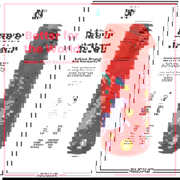 ION8 Leak Proof Kids Water Bottle, Recyclon, Red Unicorns, 350ml (12oz)