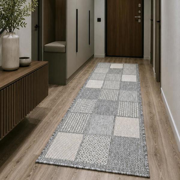 Viva Rugs Non-Slip Grey Rug Flat Weave Checkered Kitchen Dining Room Living Room Area Mat