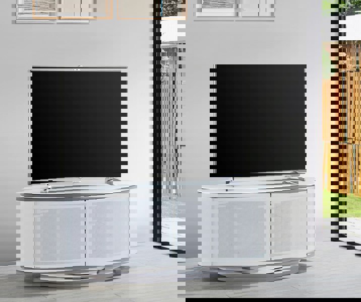 MDA Designs LUNA Gloss White Oval Cabinet with White Profiles White BeamThru Glass Doors Suitable for Flat Screen TVs up to 50"