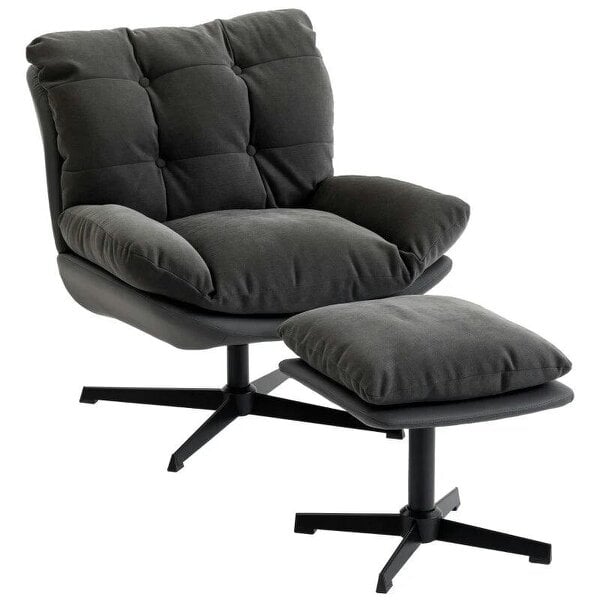 Accent Chair with Footstool, Swivel Lounge Chair with Chenille Upholstery, Metal Base, Dark Grey