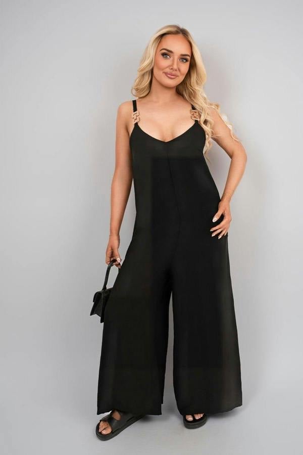 Yalina Scoop Neck Wide Leg Sleeveless Jumpsuit With Strap Detail - Black
