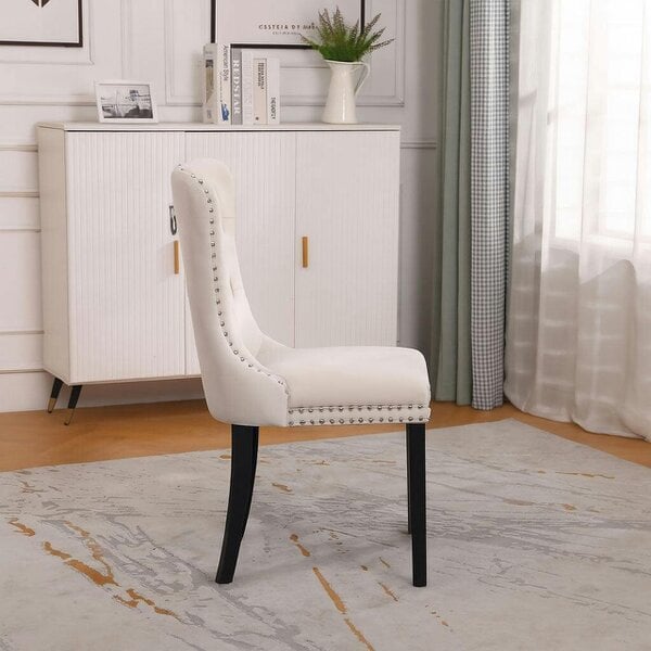 Neo Set of Four Studded Natural Velvet Dining Chairs with Ring Knocker Detail