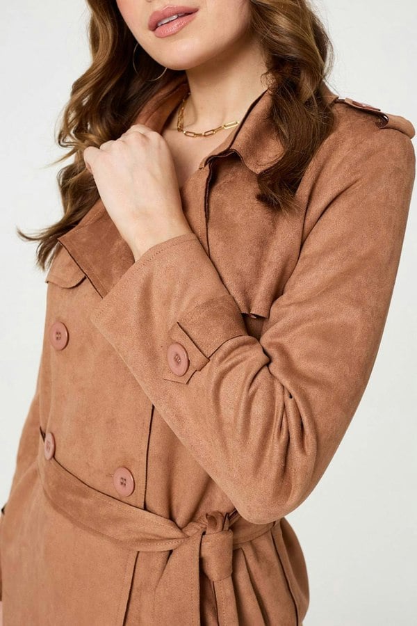 Tan | Faux Suede Button Front Trench Coat
