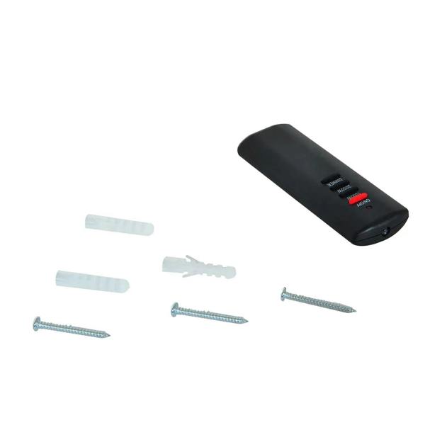 Black remote control for electric fireplace with buttons for power and dimmer