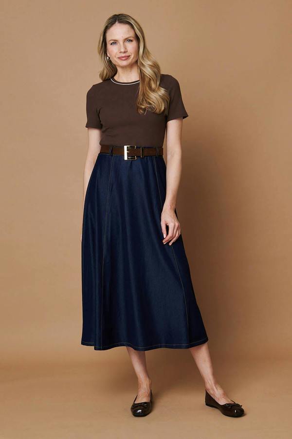 Brown | Removable Belt Denim Skirt Midi Dress