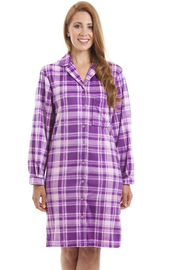 Lilac Checkered Long Sleeve Button Front Nightshirt