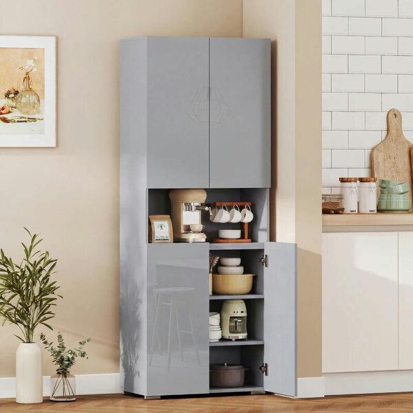 180 cm Tall Kitchen Cupboard, Pantry Storage Cabinet with Soft Close Doors and Adjustable Shelves, High Gloss Grey - High Gloss Grey