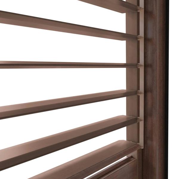 Wood effect aluminium pergola featuring two louvre panels and blinds, showcasing a sleek, modern design and warm brown tones