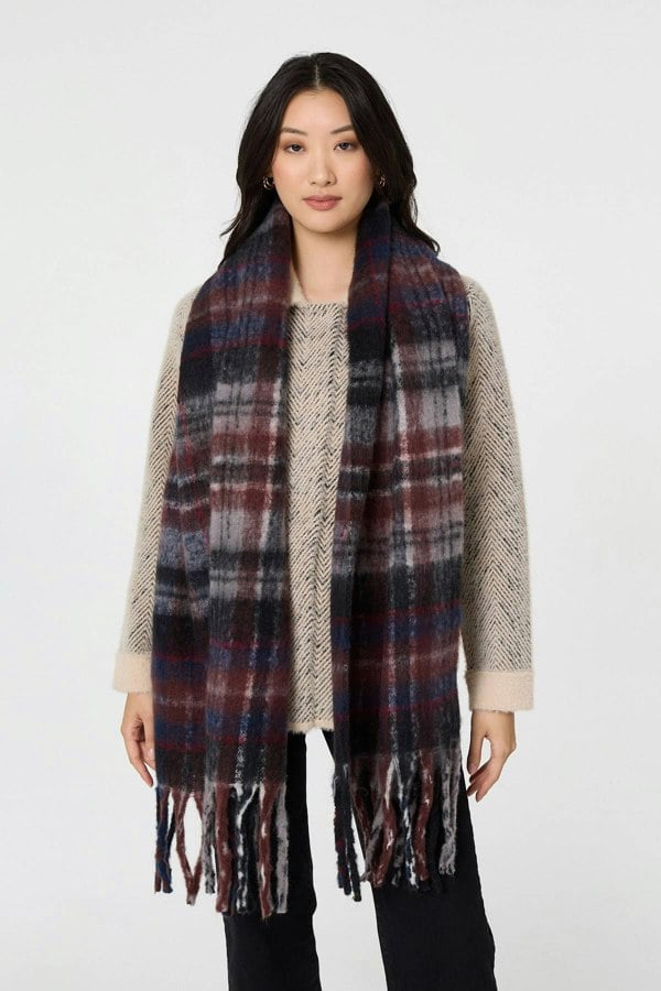 Grey | Tartan Print Oversized Fringed Scarf

