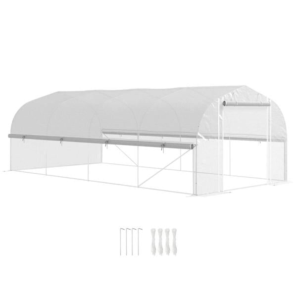 White tunnel greenhouse with clear cover, white frame, side panels, included stakes and clips