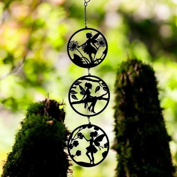 EDH Door Hardware Black Fairy Silhouette Hanging Trio Spinner– 60cm x 15cm | 3-Tier Kinetic Wind Spinner for Garden & Home