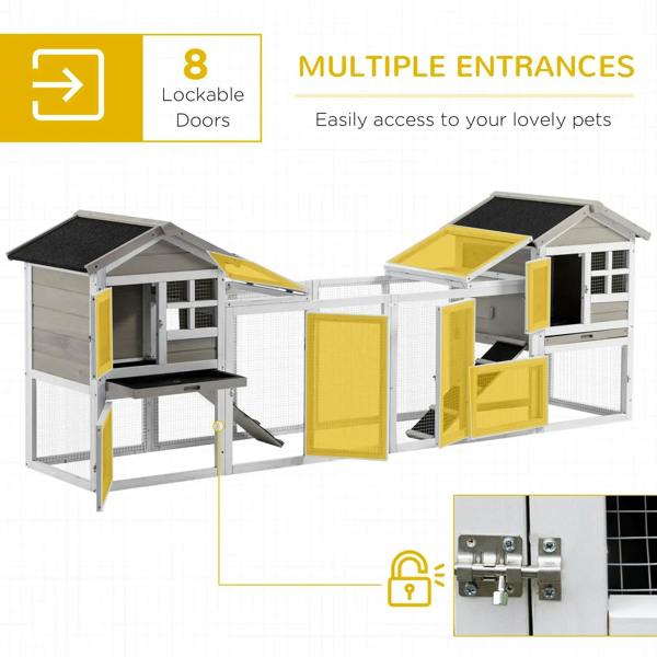 Grey outdoor rabbit hutch with multiple lockable doors, wire mesh panels and ramps