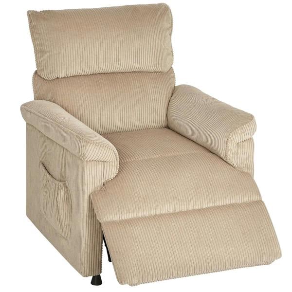 Brown corduroy electric massage recliner chair with cushioned armrests and footrest